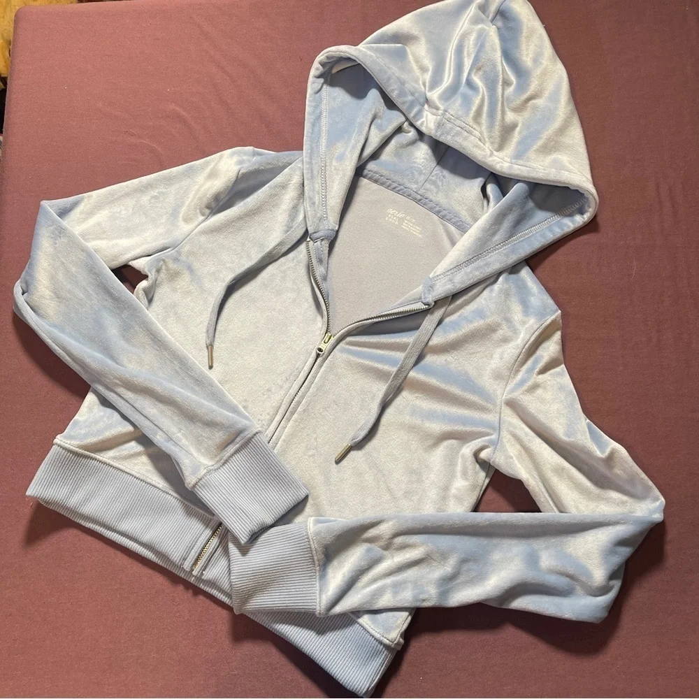 Aerie Dreamy Velour Cropped Hoodie in Baby Blue - Size XS Full Zip Light Jacket